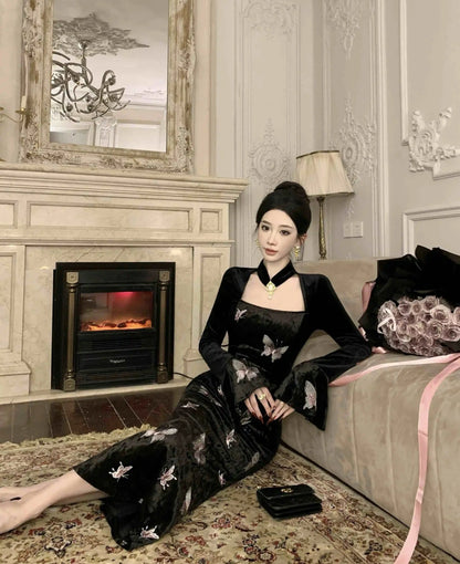 2-Piece Dark Fairy Butterfly Embroidered Velvet Dress with Choker
