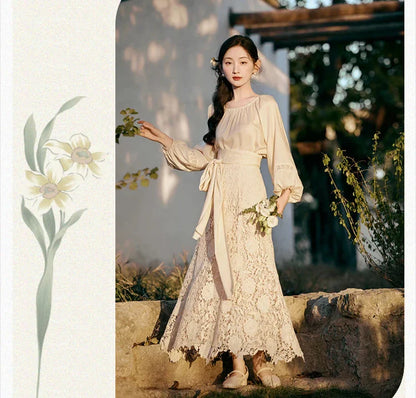 Lotus Heart Romantic Lace Cottagecore Dress Set