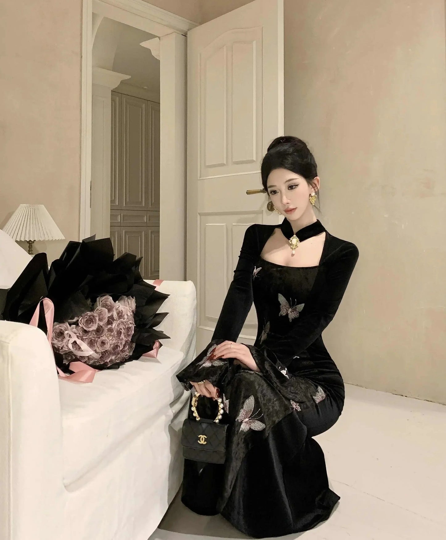 2-Piece Dark Fairy Butterfly Embroidered Velvet Dress with Choker