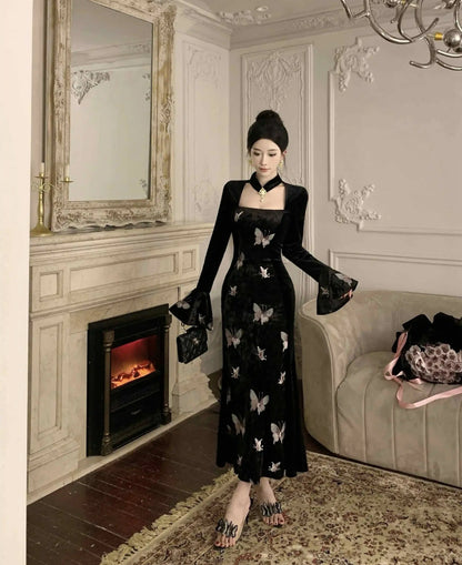 2-Piece Dark Fairy Butterfly Embroidered Velvet Dress with Choker