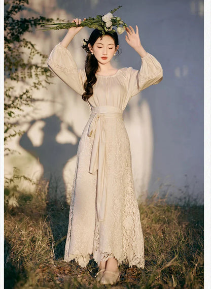 Lotus Heart Romantic Lace Cottagecore Dress Set