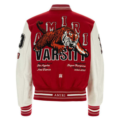 AMIRI Appliquéd Embroidered Wool-Blend Twill and Leather Varsity Jacket